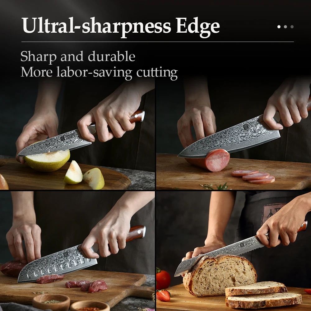 XINZUO 7PCS VG10 Damascus Steel Knife Set 67 Layers Rosewood Handle 60HRC Sharpness International Standard Gift Box Kitchen Tool