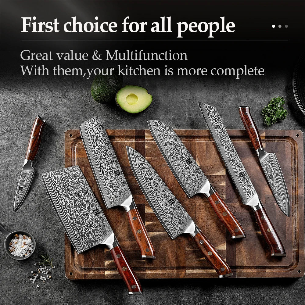 XINZUO 7PCS VG10 Damascus Steel Knife Set 67 Layers Rosewood Handle 60HRC Sharpness International Standard Gift Box Kitchen Tool