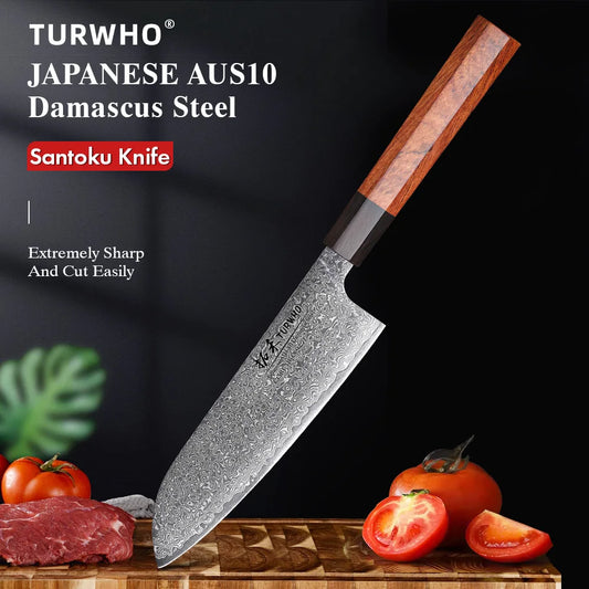TURWHO 7" Santoku Knife Japanese Damascus Steel Kitchen Chef Knives Sharp Handmade Blade Cooking Tools Classic Octagonal Handle