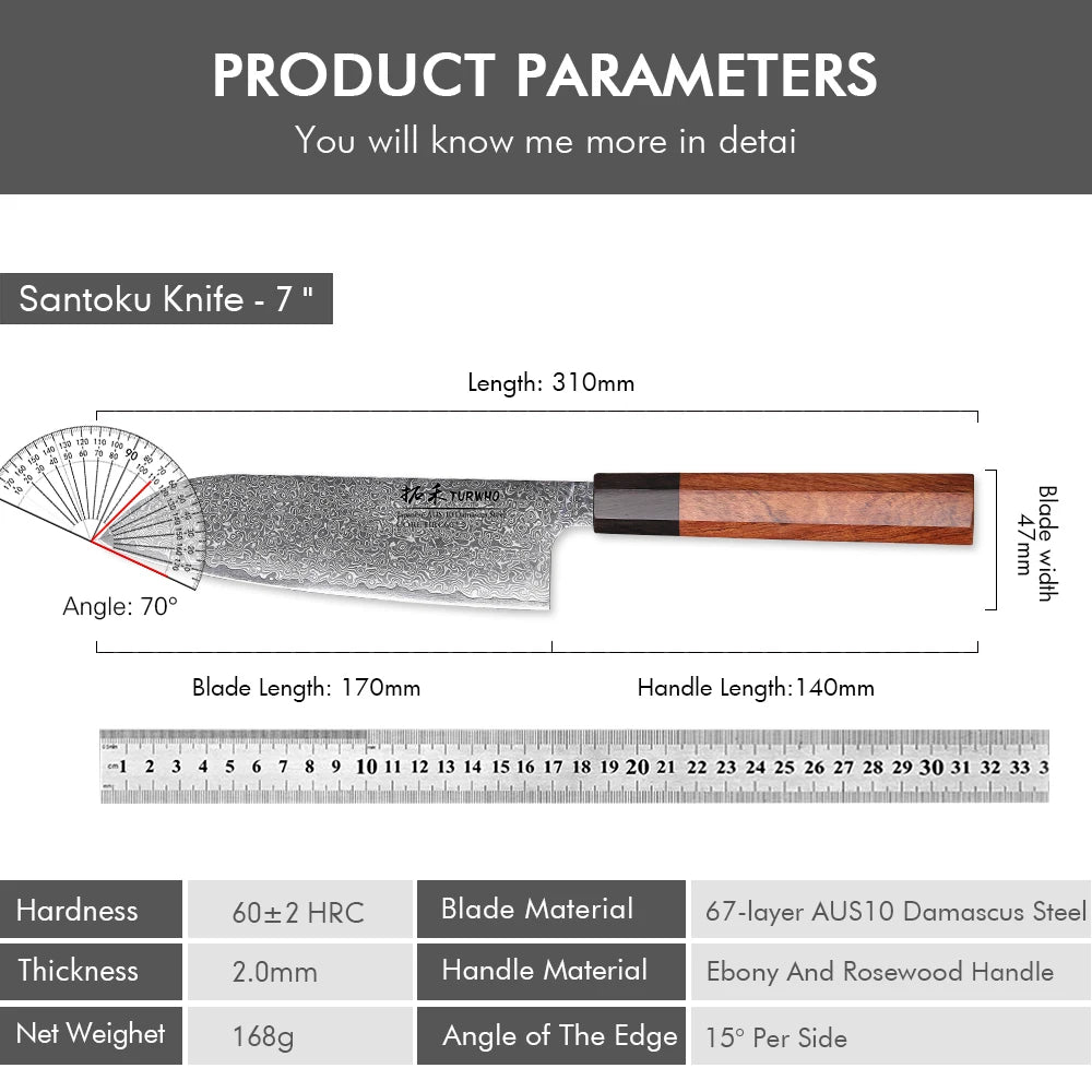 TURWHO 7" Santoku Knife Japanese Damascus Steel Kitchen Chef Knives Sharp Handmade Blade Cooking Tools Classic Octagonal Handle