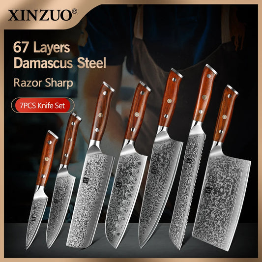 XINZUO 7PCS VG10 Damascus Steel Knife Set 67 Layers Rosewood Handle 60HRC Sharpness International Standard Gift Box Kitchen Tool