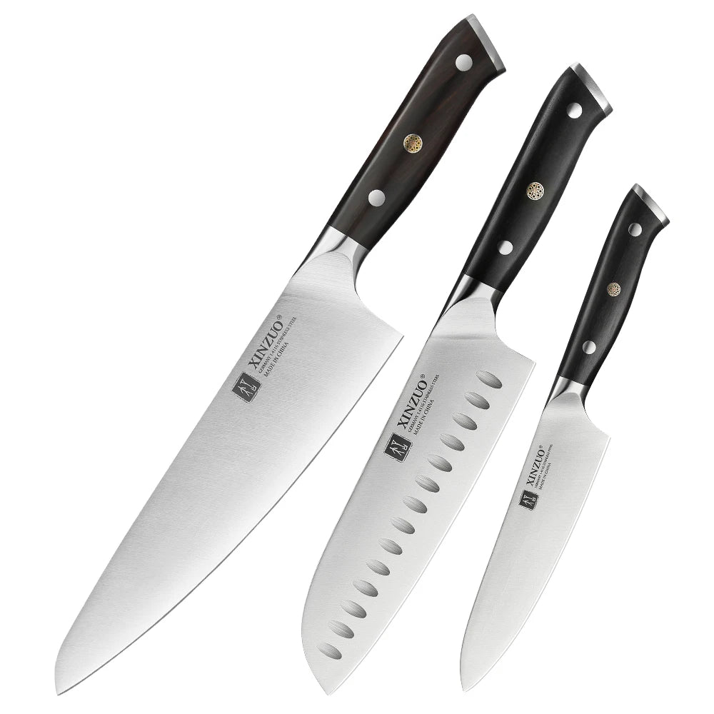 XINZUO Premium Modern 1-8PCS Din 1.4116 Stainless Steel Chef, Santoku, Utility & Paring Knife Set with Black Ebony Handles