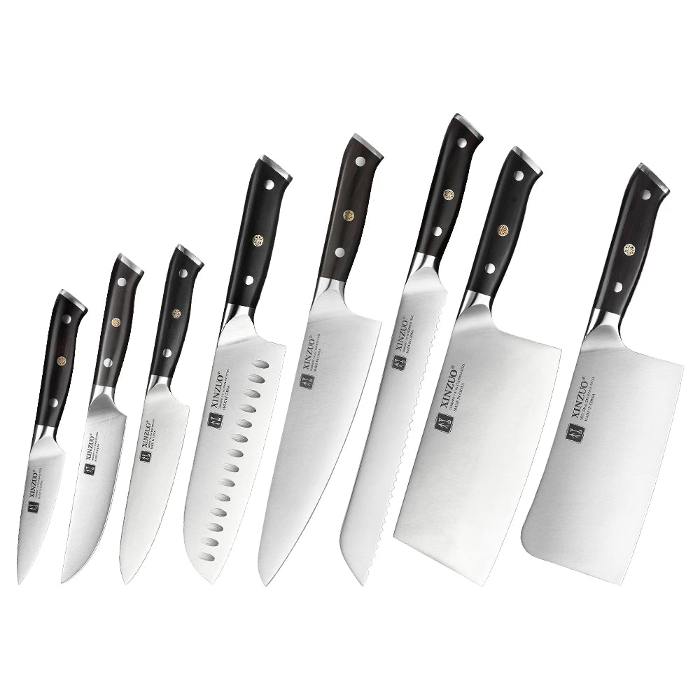 XINZUO Premium Modern 1-8PCS Din 1.4116 Stainless Steel Chef, Santoku, Utility & Paring Knife Set with Black Ebony Handles