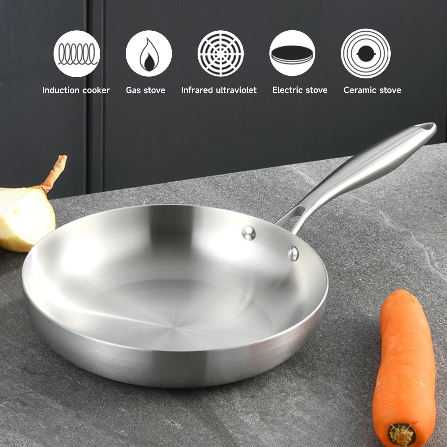 28CM Stainless Steel Frying Pan Non-stick Frying Pan Steak Pan for Induction Hobs and Gas Professional Home Cooking Kitchenware