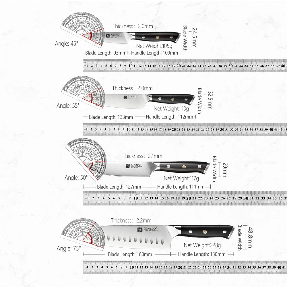 XINZUO Premium Modern 1-8PCS Din 1.4116 Stainless Steel Chef, Santoku, Utility & Paring Knife Set with Black Ebony Handles