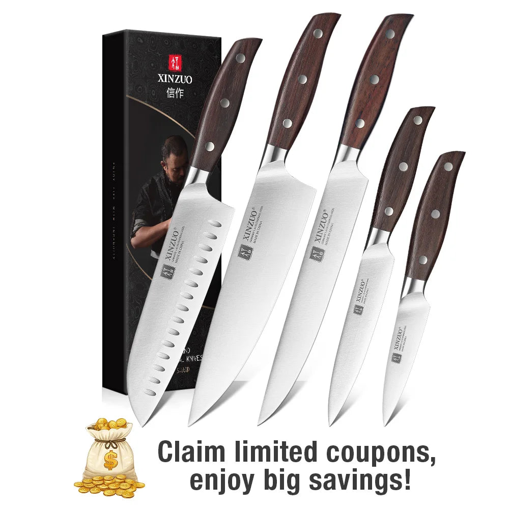 XINZUO 1PC/5PCS High Quality 3.5+5+8+8+8"  Paring Utility Cleaver Chef Knife Germany 1.4116 Stainless Steel Kitchen Knife Sets