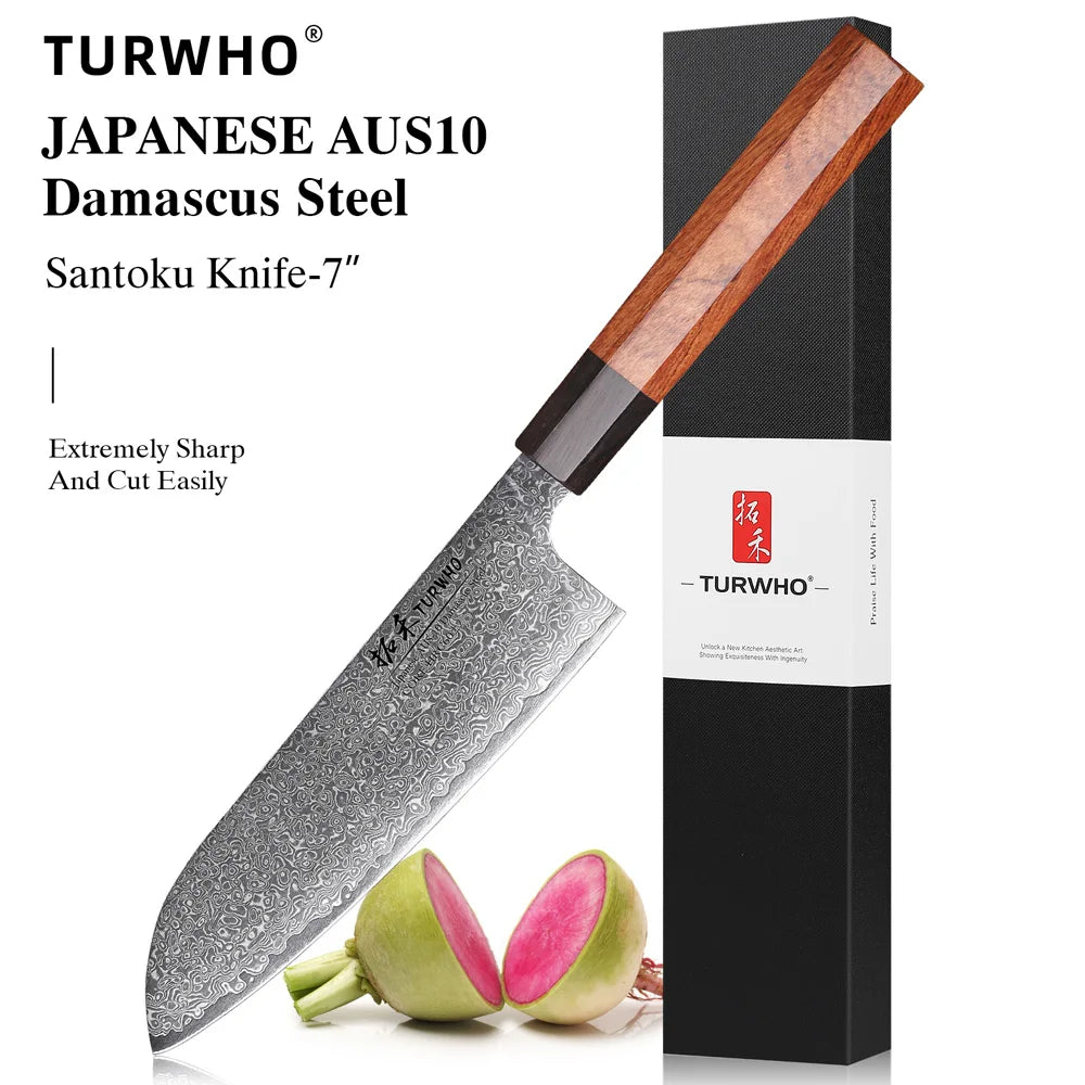TURWHO 7" Santoku Knife Japanese Damascus Steel Kitchen Chef Knives Sharp Handmade Blade Cooking Tools Classic Octagonal Handle