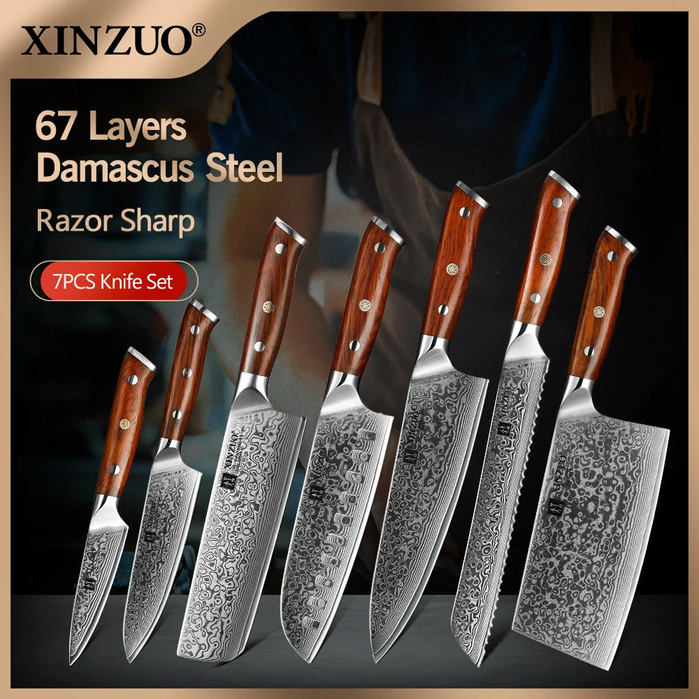 XINZUO 7PCS VG10 Damascus Steel Knife Set 67 Layers Rosewood Handle 60HRC Sharpness International Standard Gift Box Kitchen Tool