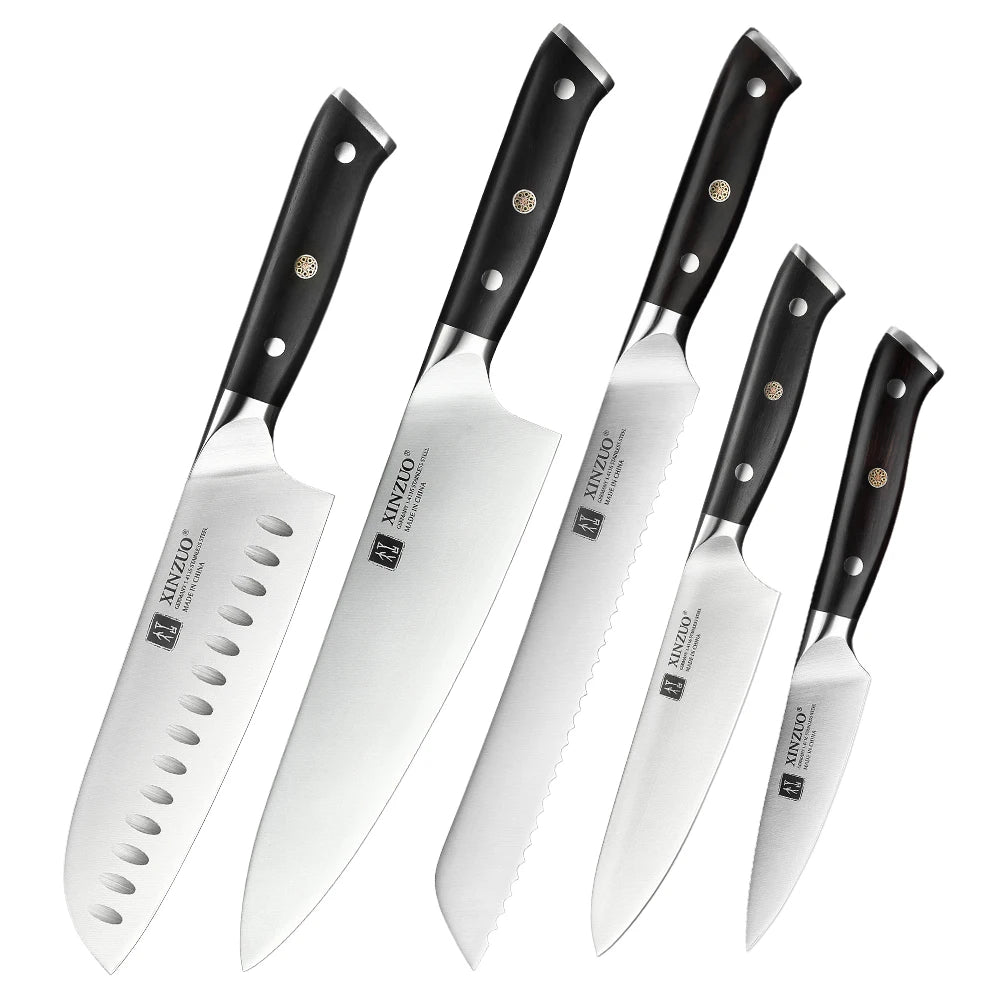 XINZUO Premium Modern 1-8PCS Din 1.4116 Stainless Steel Chef, Santoku, Utility & Paring Knife Set with Black Ebony Handles