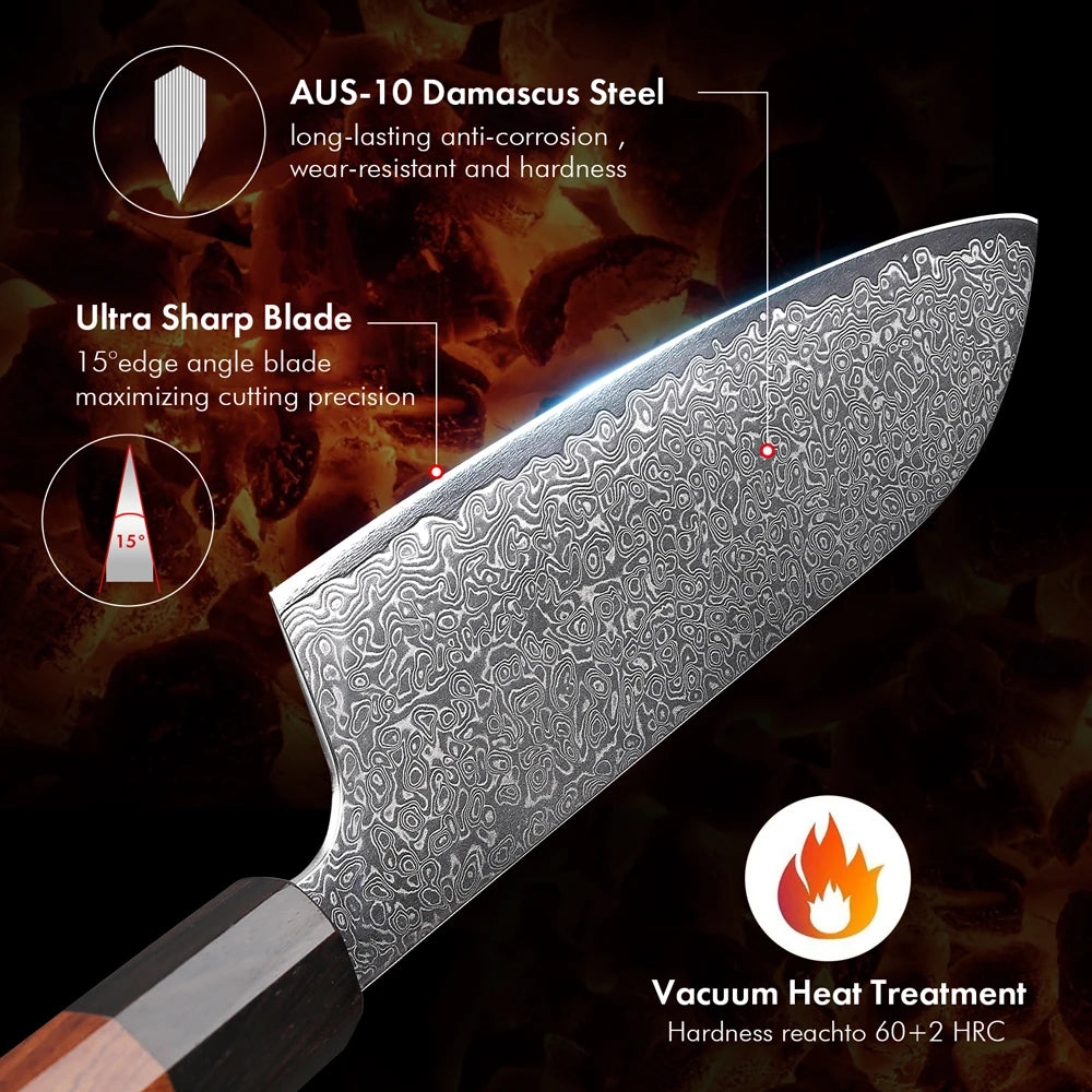 TURWHO 7" Santoku Knife Japanese Damascus Steel Kitchen Chef Knives Sharp Handmade Blade Cooking Tools Classic Octagonal Handle