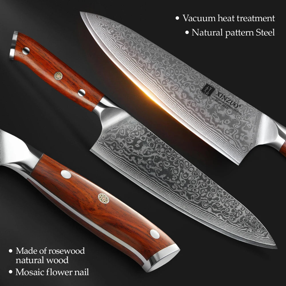 XINZUO 7PCS VG10 Damascus Steel Knife Set 67 Layers Rosewood Handle 60HRC Sharpness International Standard Gift Box Kitchen Tool
