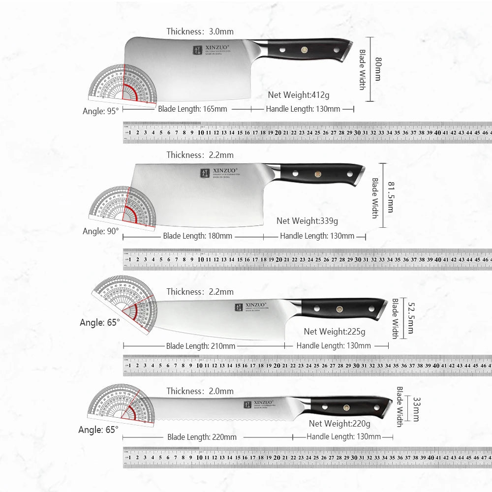 XINZUO Premium Modern 1-8PCS Din 1.4116 Stainless Steel Chef, Santoku, Utility & Paring Knife Set with Black Ebony Handles