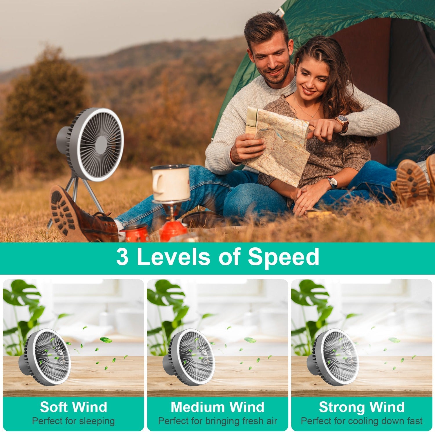 4-in-1 Camping Ventilator mit Laterne  10.000mAh Akku