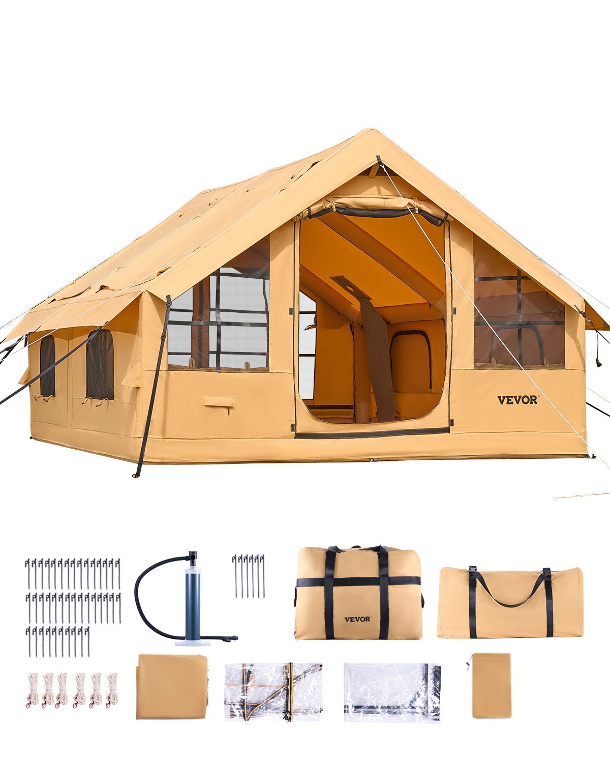 Aufblasbares Zelt Für Camping, 5-8 Personen Zelt Mit Handpumpe, 4x3x2,2 M Glamping-Zelt Mit 2 Oberlichtern, Baldachin, Ofenanschluss, 2 Türen, Netzfenstern & Aufbewahrungstasche
