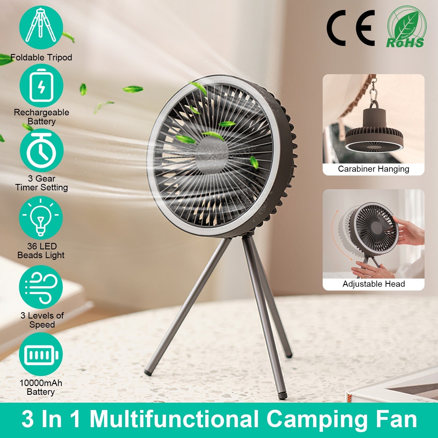 4-in-1 Camping Ventilator mit Laterne  10.000mAh Akku