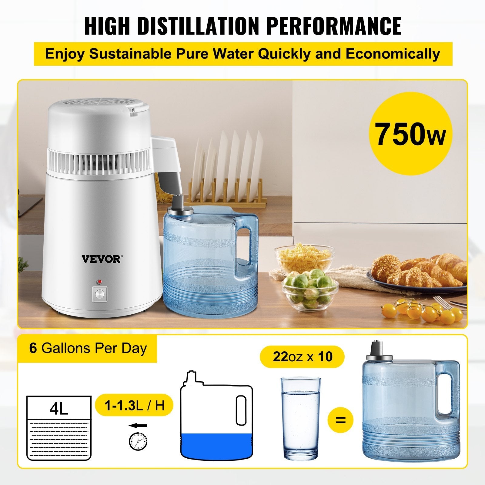 Wasserdestilliergerät – 750W, 1,3 L/H, 304 Edelstahl
