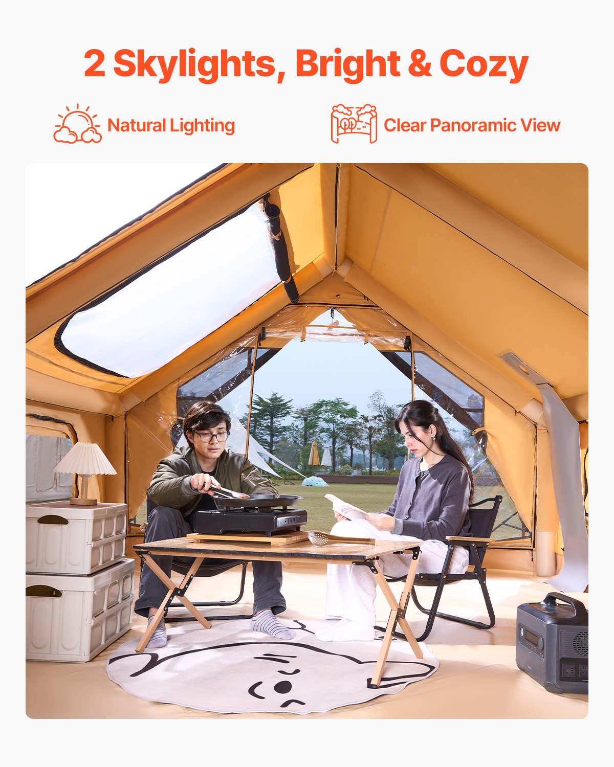 Aufblasbares Zelt Für Camping, 5-8 Personen Zelt Mit Handpumpe, 4x3x2,2 M Glamping-Zelt Mit 2 Oberlichtern, Baldachin, Ofenanschluss, 2 Türen, Netzfenstern & Aufbewahrungstasche